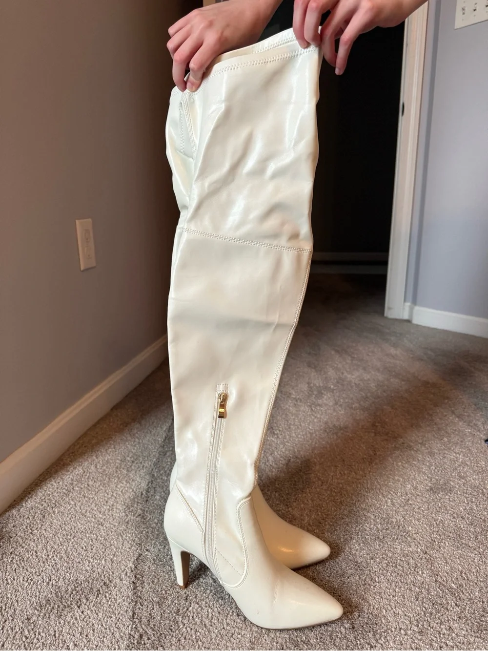 Cream Over-The-Knee Pointed Toe Heeled Boots